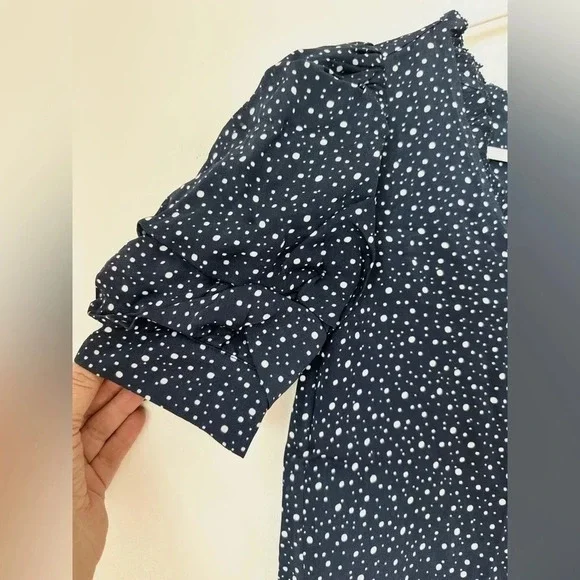 Ecru Blue Double Ruffle Sleeve V Neck‎ Polka Dot Career Top XS - Picture 2 of 6